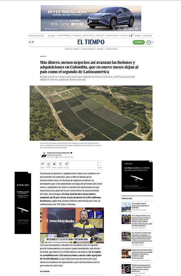 M�s dinero, menos negocios: as� avanzan las fusiones y adquisiciones en Colombia, que en nueve meses dejan al pa�s como el segundo de Latinoam�rica Estados Unidos se mantuvo como el principal origen de inversi�n en Co